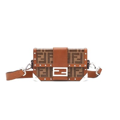 FENDI BAGUETTE TRUNK BAG ZUCCA COATED CANVAS MINI BROWN 7VA507A8V3F18AT (19*11*4cm)
